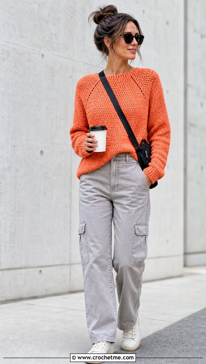 Raglan Crochet Sweater With Cargo Pants - 25 Fire Crochet Sweater outfit ideas