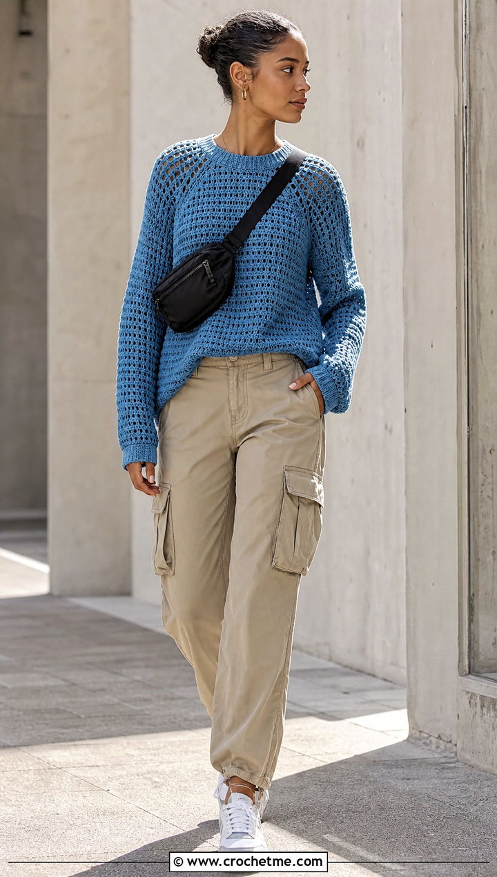 Raglan Crochet Sweater With Cargo Pants - 30 cozy crochet sweater outfit ideas