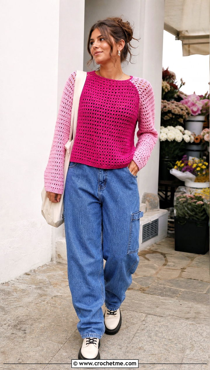 Raglan Crochet Sweater With Carpenter Jeans - 25 y2k crochet sweater outfit ideas