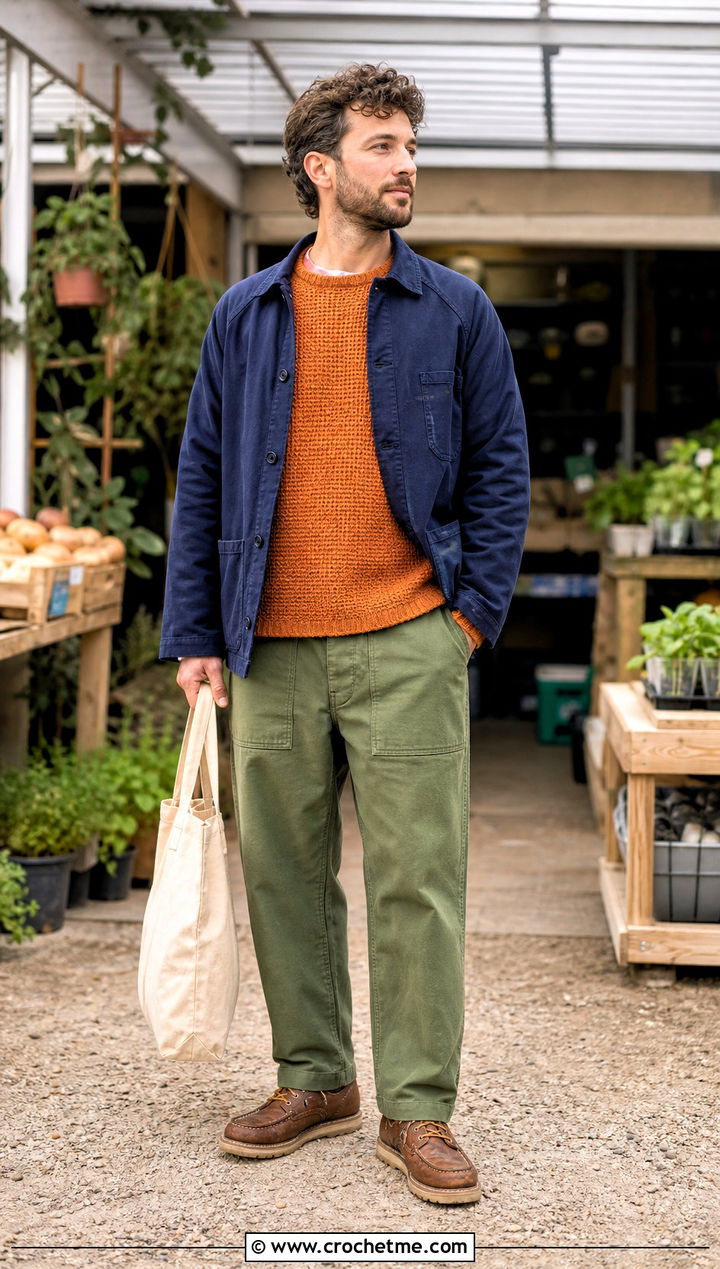 Raglan Crochet Sweater With Chore Jacket And Fatigue Pants - 30 crochet sweater for man outfit ideas