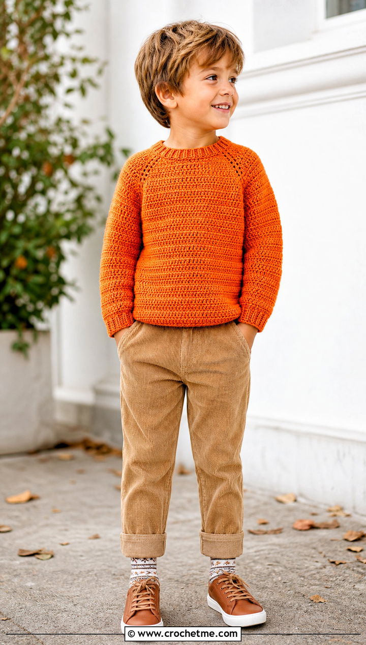 Raglan Crochet Sweater With Corduroy Pants - 15 Crochet Childs Sweater outfit ideas
