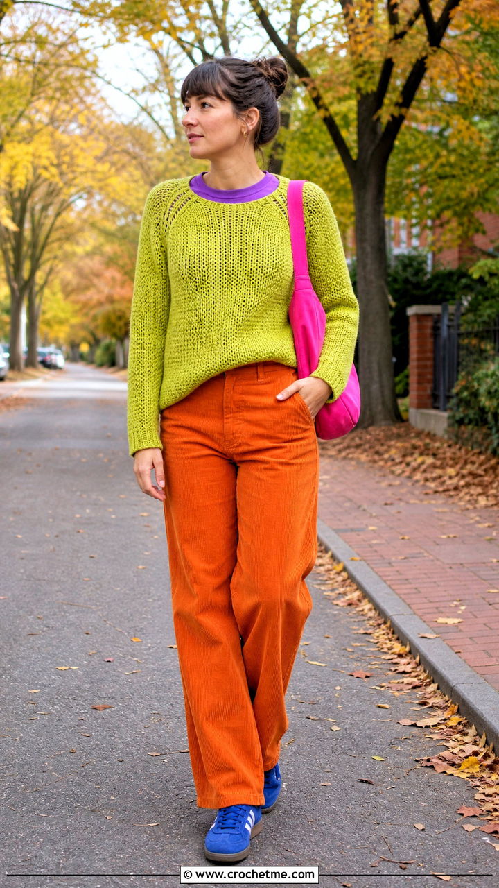 Raglan Crochet Sweater With Corduroy Pants - 35 crochet sweater design outfit ideas