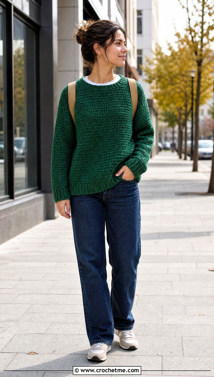 Raglan Crochet Sweater With Dark Wash Denim - 25 unisex crochet sweater outfit ideas