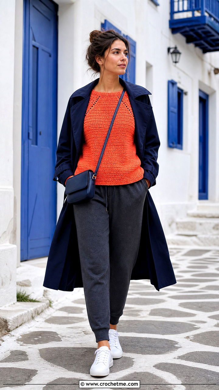 Raglan Crochet Sweater With Joggers And Trench Coat - 35 fall crochet sweater outfit ideas