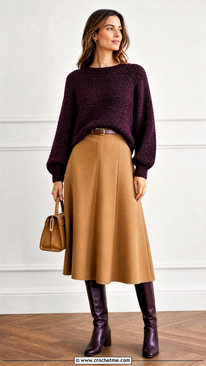 Raglan Crochet Sweater With Midi Skirt - 35 beginner crochet clothes and outfit ideas