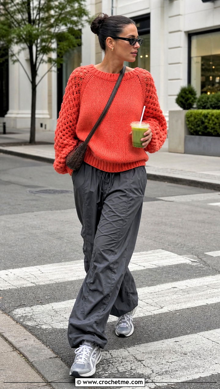 Raglan Crochet Sweater With Parachute Pants - 20 Crochet Ladies Sweater outfit ideas