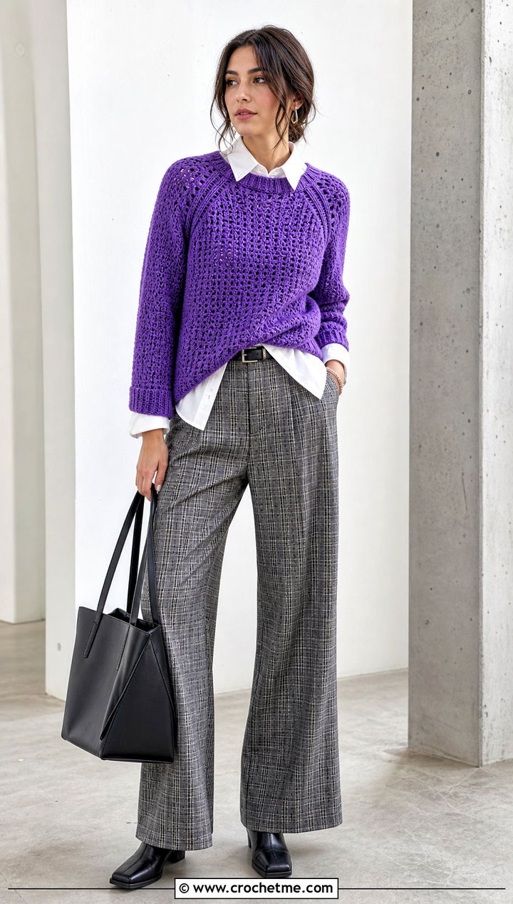 Raglan Crochet Sweater With Plaid Trousers - 25 alt crochet sweater outfit ideas