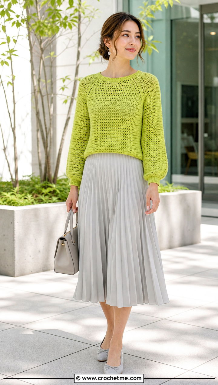 Raglan Crochet Sweater With Pleated Midi Skirt - 20 Crochet Lightweight Sweater outfit ideas