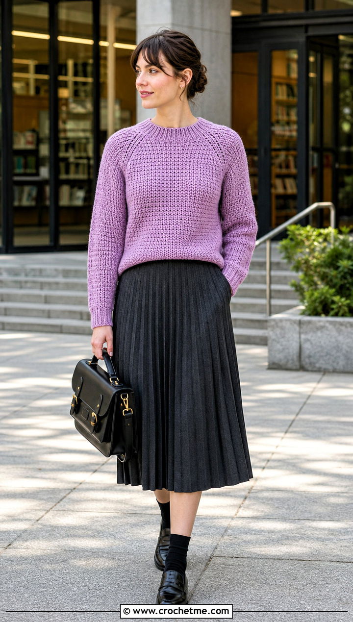 Raglan Crochet Sweater With Pleated Midi Skirt - 25 easy clothes to crochet outfit ideas