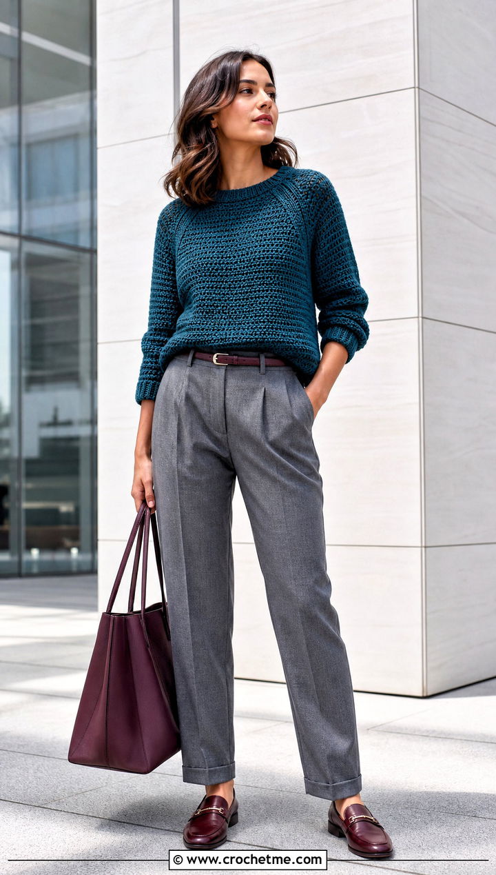 Raglan Crochet Sweater With Pleated Pants - 30 crochet women sweater outfit ideas