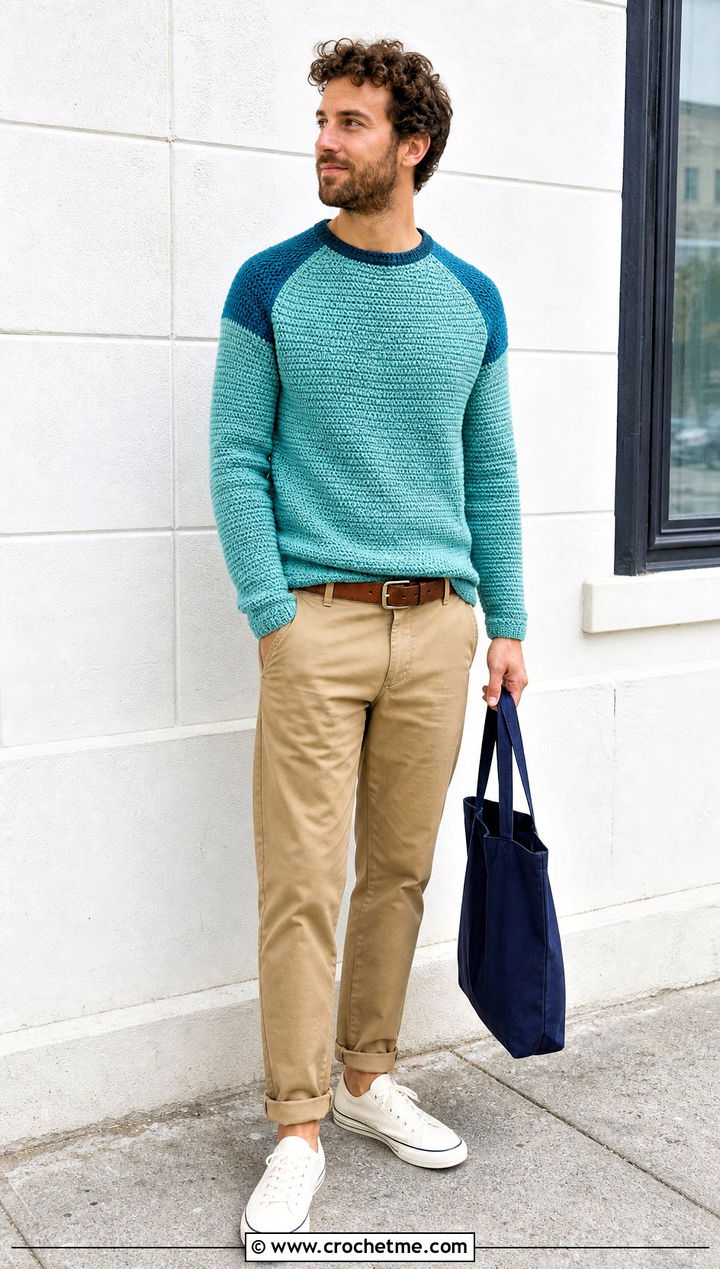 Raglan Crochet Sweater With Relaxed Chinos - 25 man crochet sweater outfit ideas