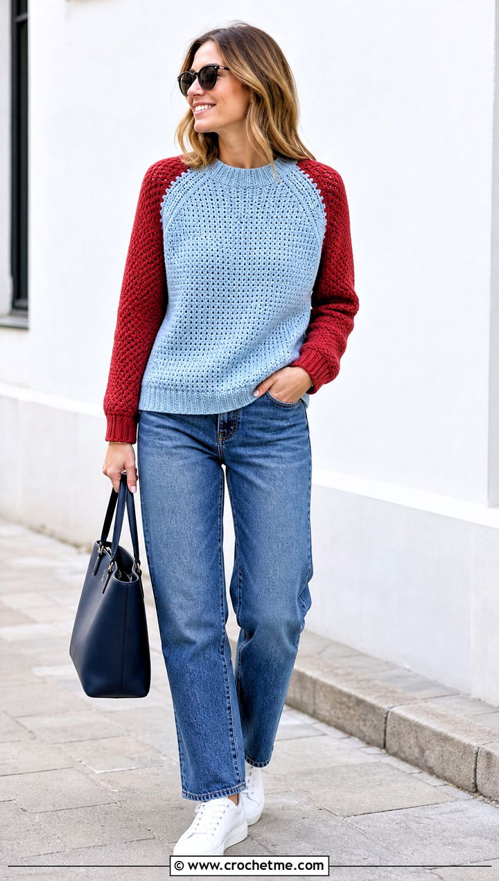 Raglan Crochet Sweater With Straight Leg Jeans - 35 diy crochet sweater outfit ideas