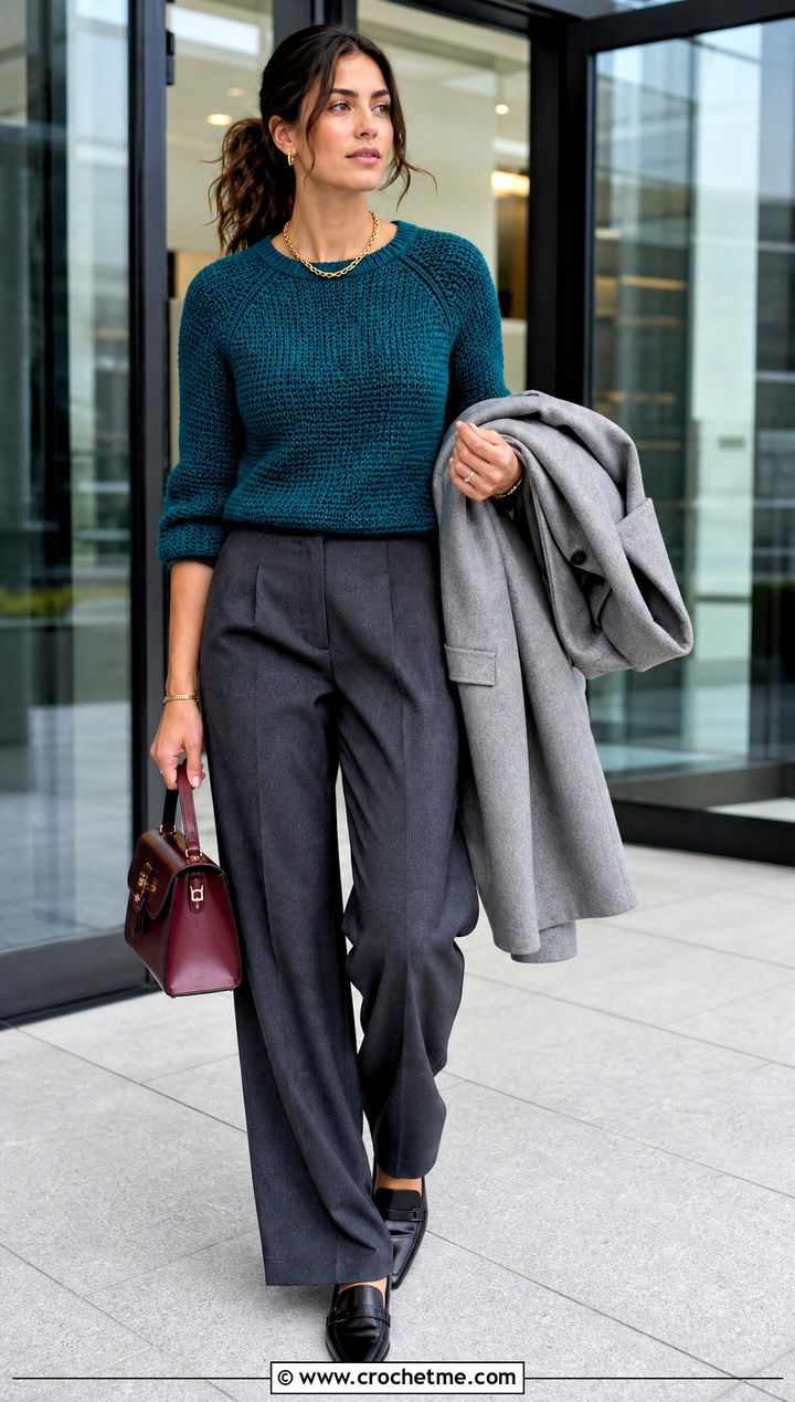 Raglan Crochet Sweater With Tailored Trousers - 15 Crochet Comfy Sweater outfit ideas