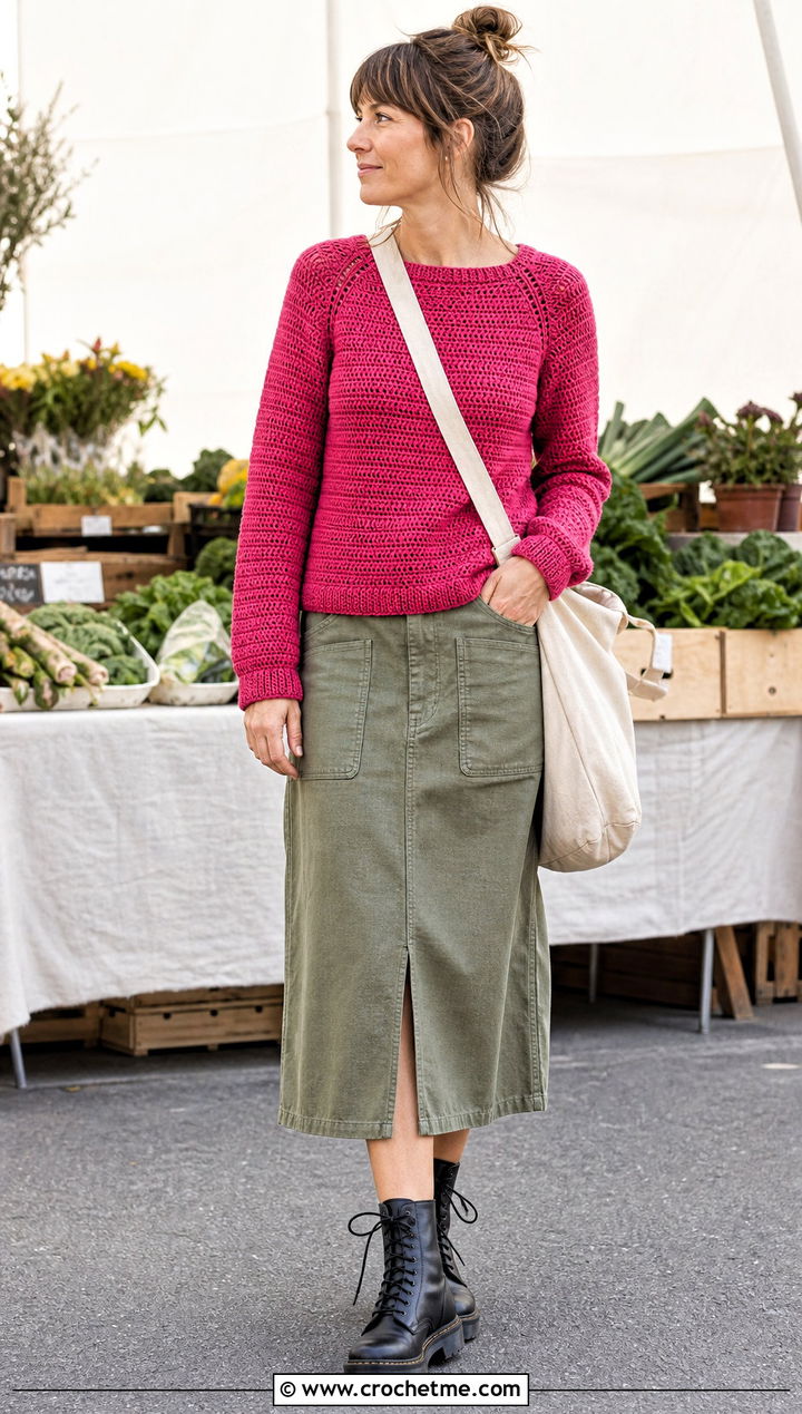 Raglan Crochet Sweater With Utility Skirt - 20 Comfy Crochet Sweater outfit ideas