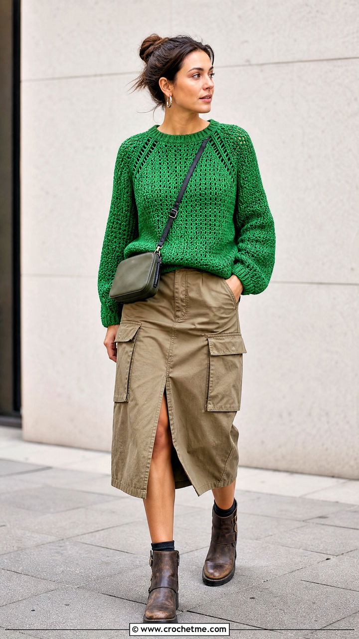 Raglan Crochet Sweater With Utility Skirt - 35 crochet sweater ideas