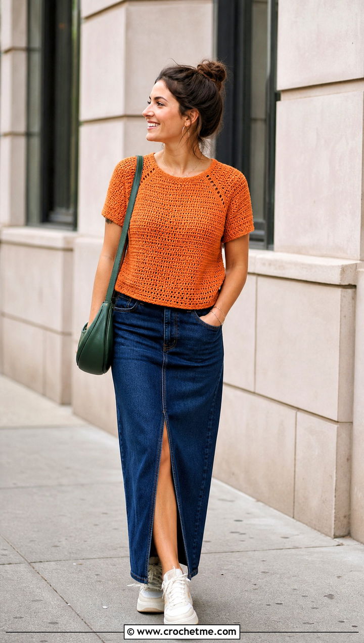 Raglan Crochet Tee With Denim Maxi Skirt - 15 intermediate crochet tee outfit ideas