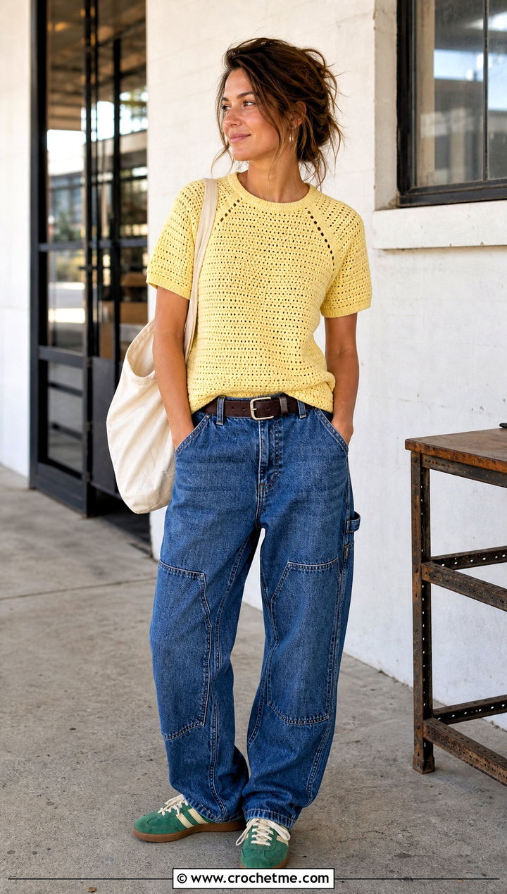 Raglan Crochet Thread Tee With Carpenter Jeans - 35 crochet thread top outfit ideas