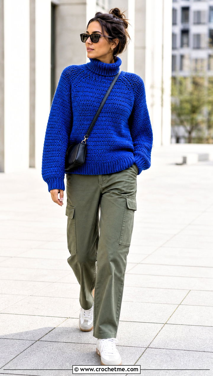 Raglan Crochet Turtleneck Sweater With Cargo Pants - 30 crochet turtleneck sweater outfit ideas