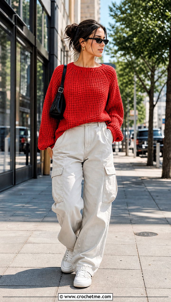 Raglan Crochet Waffle Sweater With Cargo Pants - 15 Crochet Waffle Sweater outfit ideas