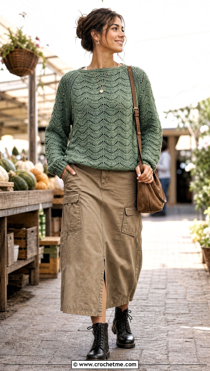 Raglan Crochet Wave Sweater With Utility Midi Skirt - 30 crochet wave sweater outfit ideas