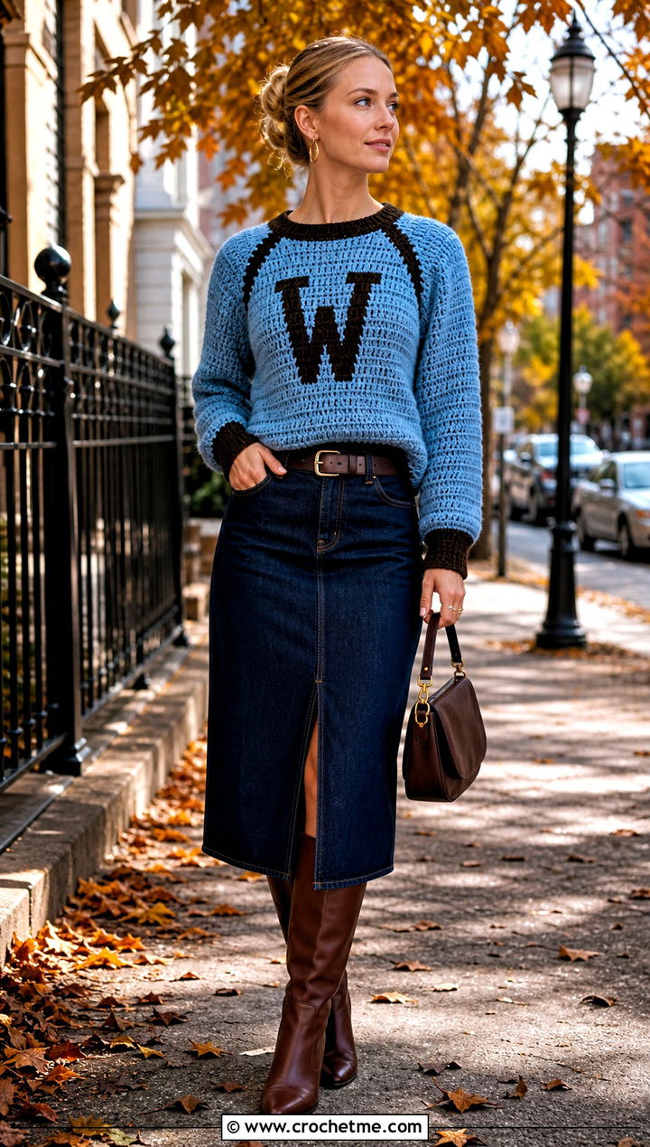 Raglan Crochet Weasley Sweater With Denim Midi Skirt - 35 crochet weasley sweater outfit ideas