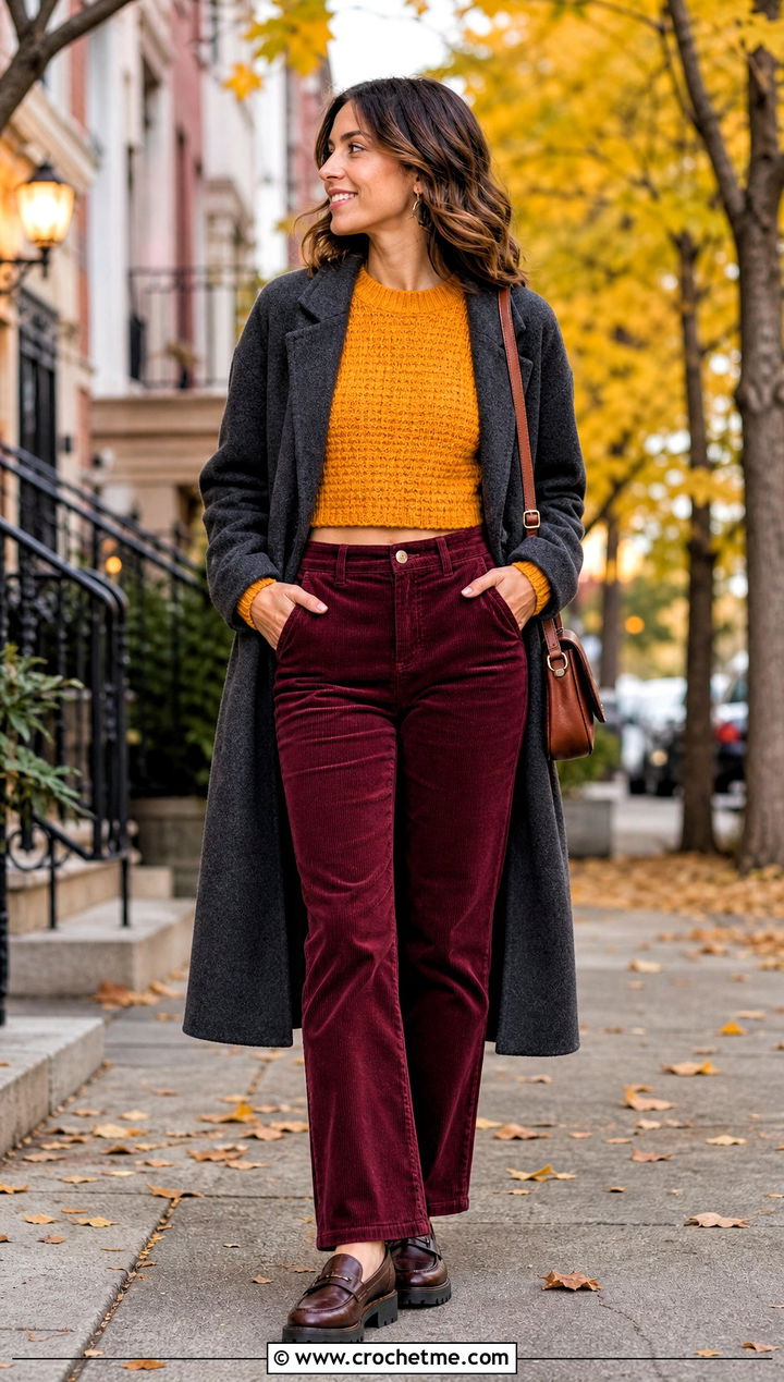Raglan Cropped Crochet Sweater With Corduroy Pants - 30 crocheted cropped sweater outfit ideas
