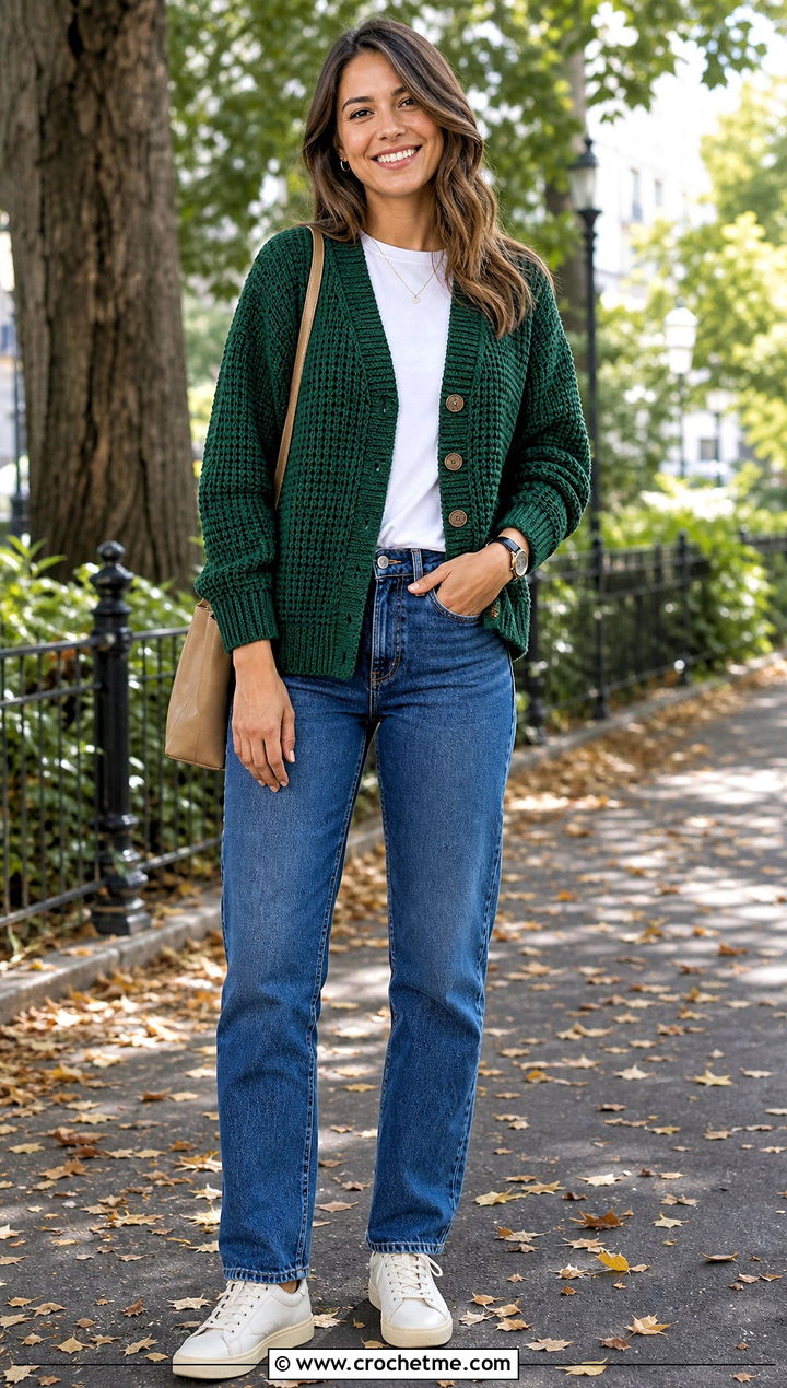 Raglan Double Crochet Cardigan With Straight Leg Jeans - 25 Double Crochet Cardigan outfit ideas