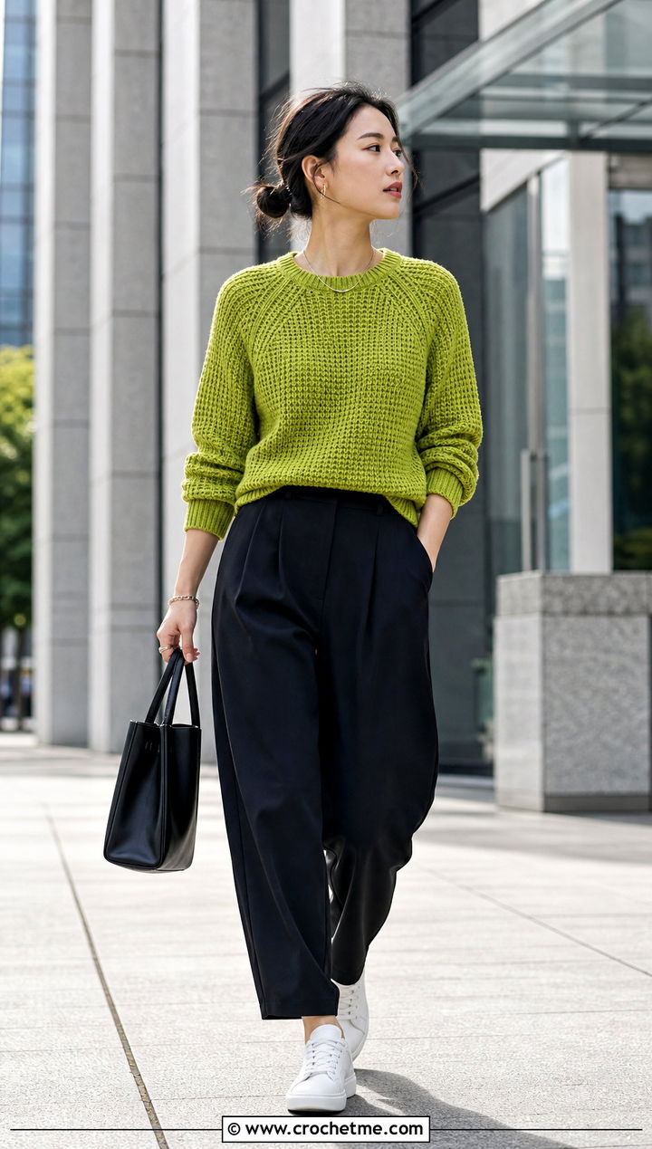 Raglan Double Crochet Sweater With Barrel Leg Pants - 35 double crochet sweater outfit ideas