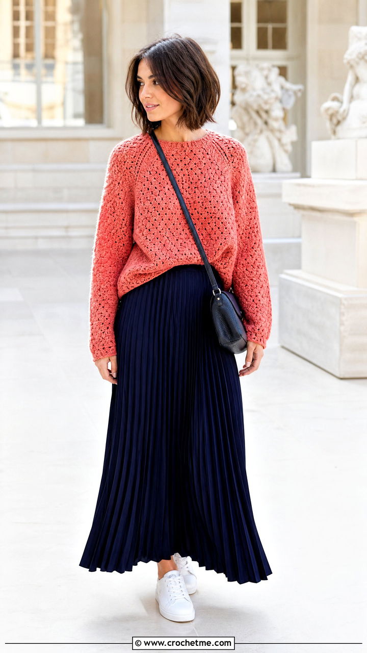 Raglan Granny Stitch Sweater With Pleated Maxi Skirt - 35 crochet granny stitch sweater outfit ideas