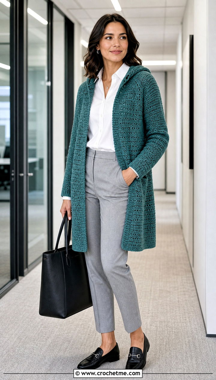 Raglan Hooded Crochet Cardigan With Office Trousers - 35 hooded crochet cardigan outfit ideas