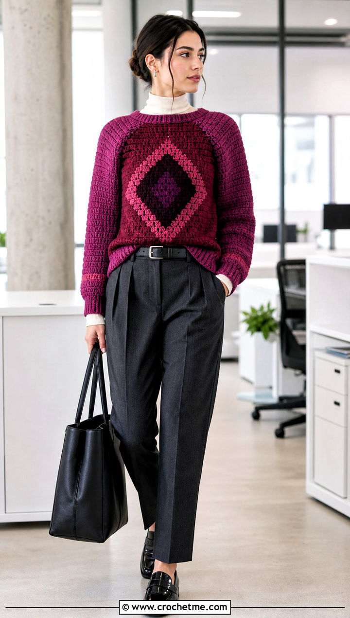 Raglan Howls Crochet Sweater With Pleated Trousers - 25 Howls Crochet Sweater outfit ideas
