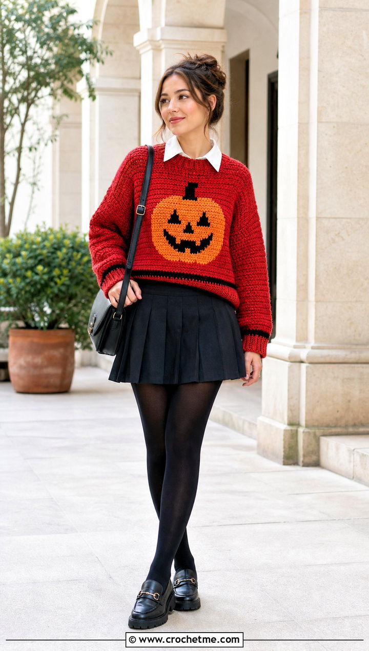 Raglan Jack O Lantern Halloween Crochet Jumper With Pleated Mini Skirt - 15 Halloween Crochet Jumper outfit ideas