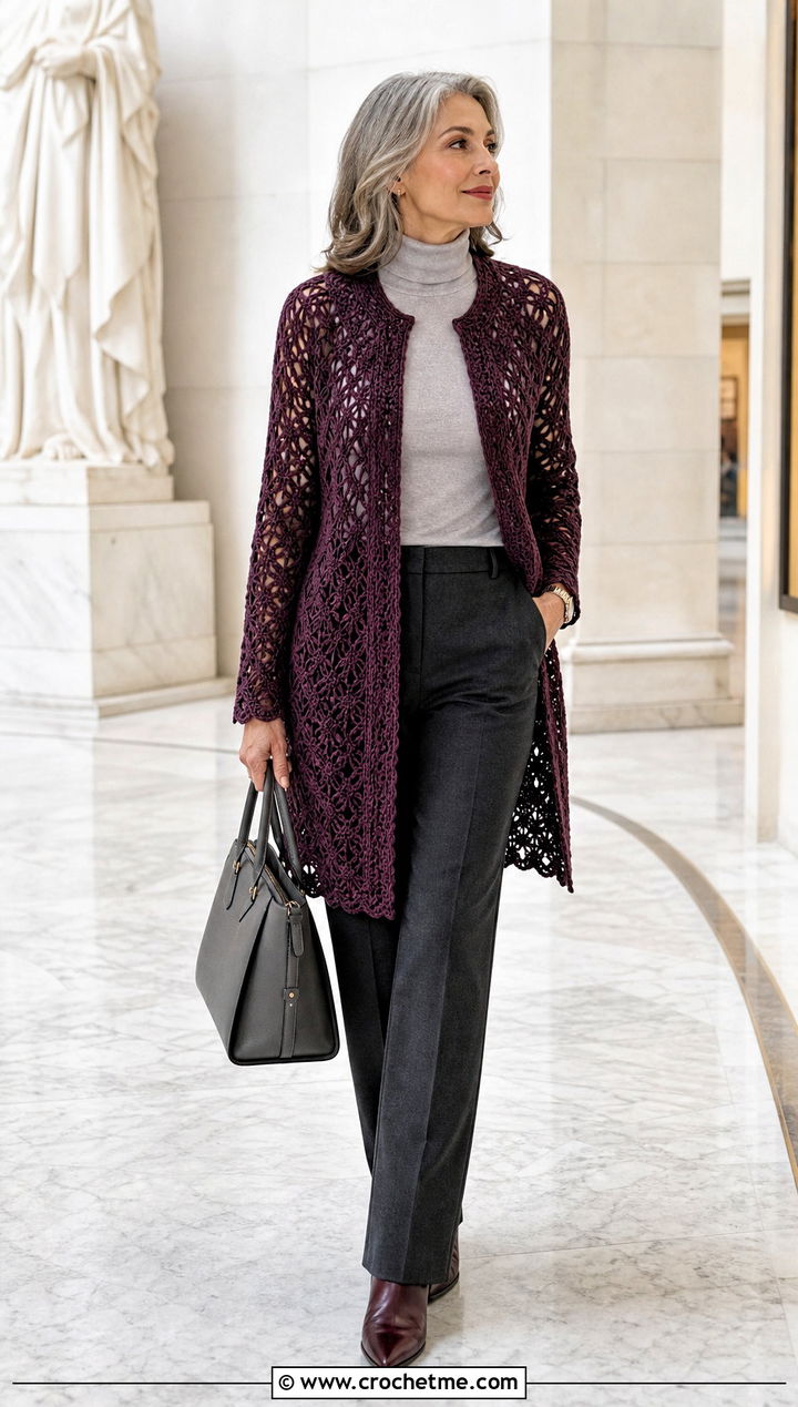 Raglan Lace Crochet Jacket With Turtleneck And Trousers - 20 Lacy Crochet Jacket outfit ideas