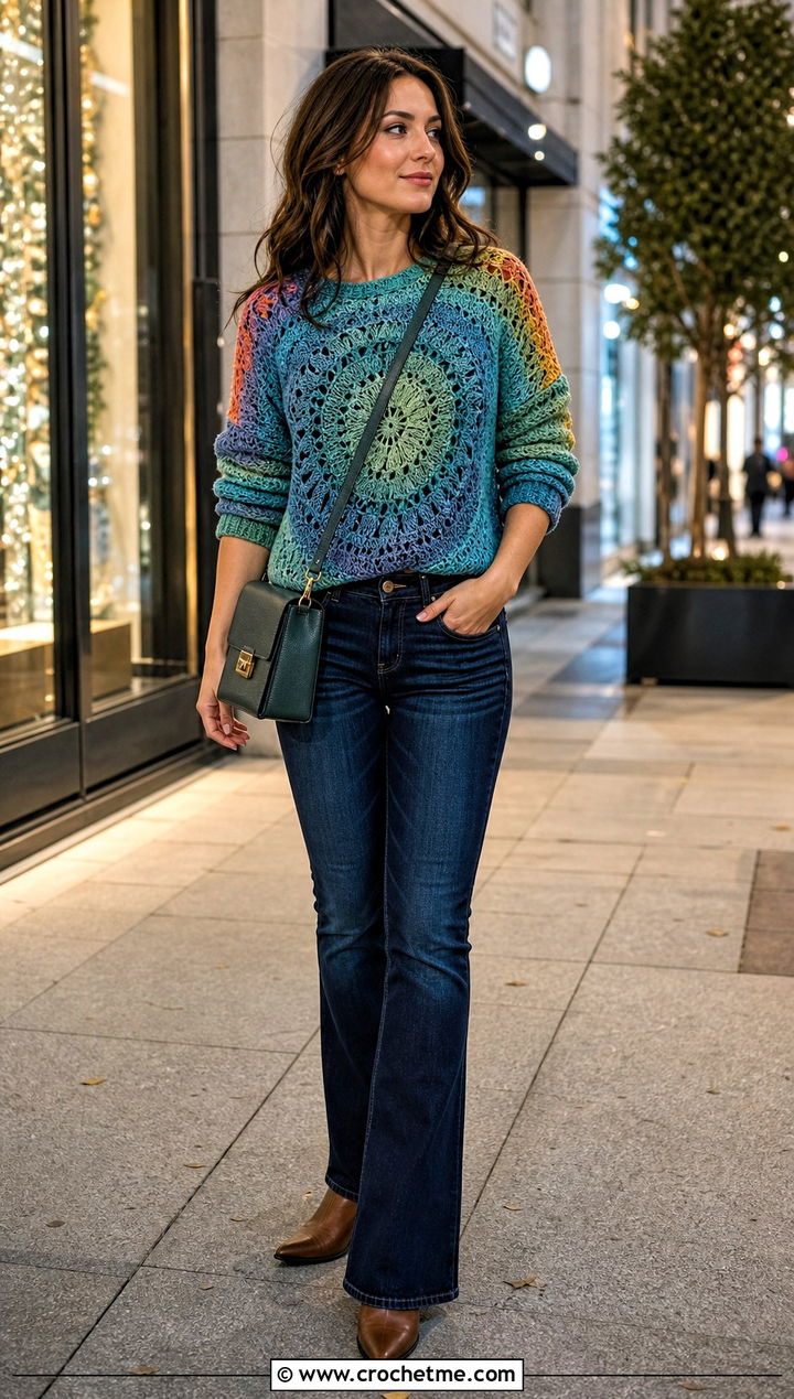 Raglan Mandala Crochet Sweater With Dark Wash Jeans - 25 Mandala Crochet Sweater outfit ideas