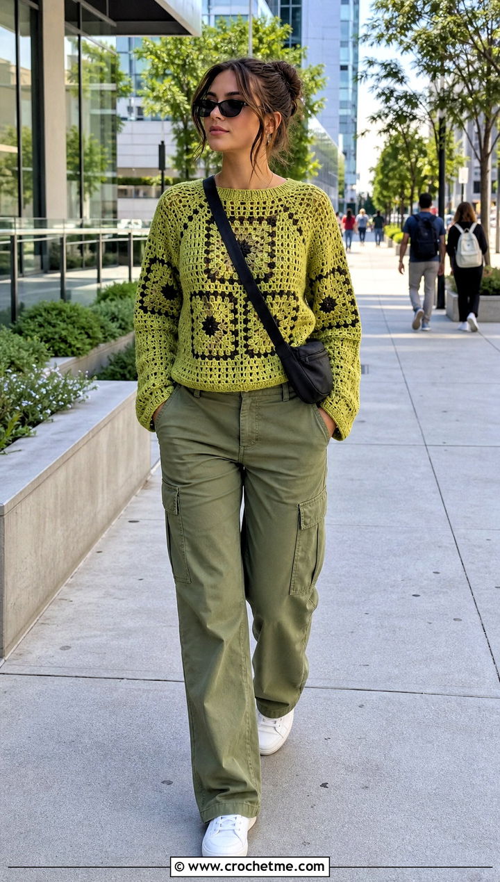 Raglan Mosaic Crochet Sweater With Cargo Pants - 25 Mosaic Crochet Sweater outfit ideas