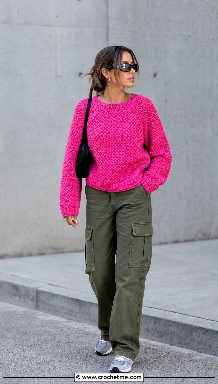 Raglan Moss Stitch Crochet Sweater With Cargo Pants - 25 Moss Stitch Crochet Sweater outfit ideas