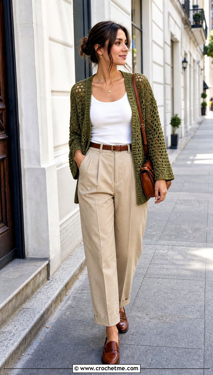Raglan Openwork Crochet Cardigan With Chinos - 30 Crochet Lightweight Cardigan outfit ideas