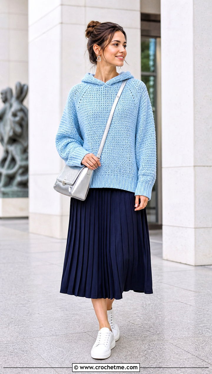 Raglan Oversized Crochet Hoodie With Pleated Midi Skirt - 20 oversized crochet hoodie outfit ideas