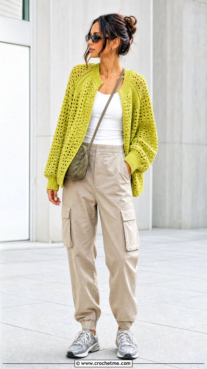 Raglan Oversized Crochet Sweater With Cargo Pants - 35 oversized crochet sweater outfit ideas