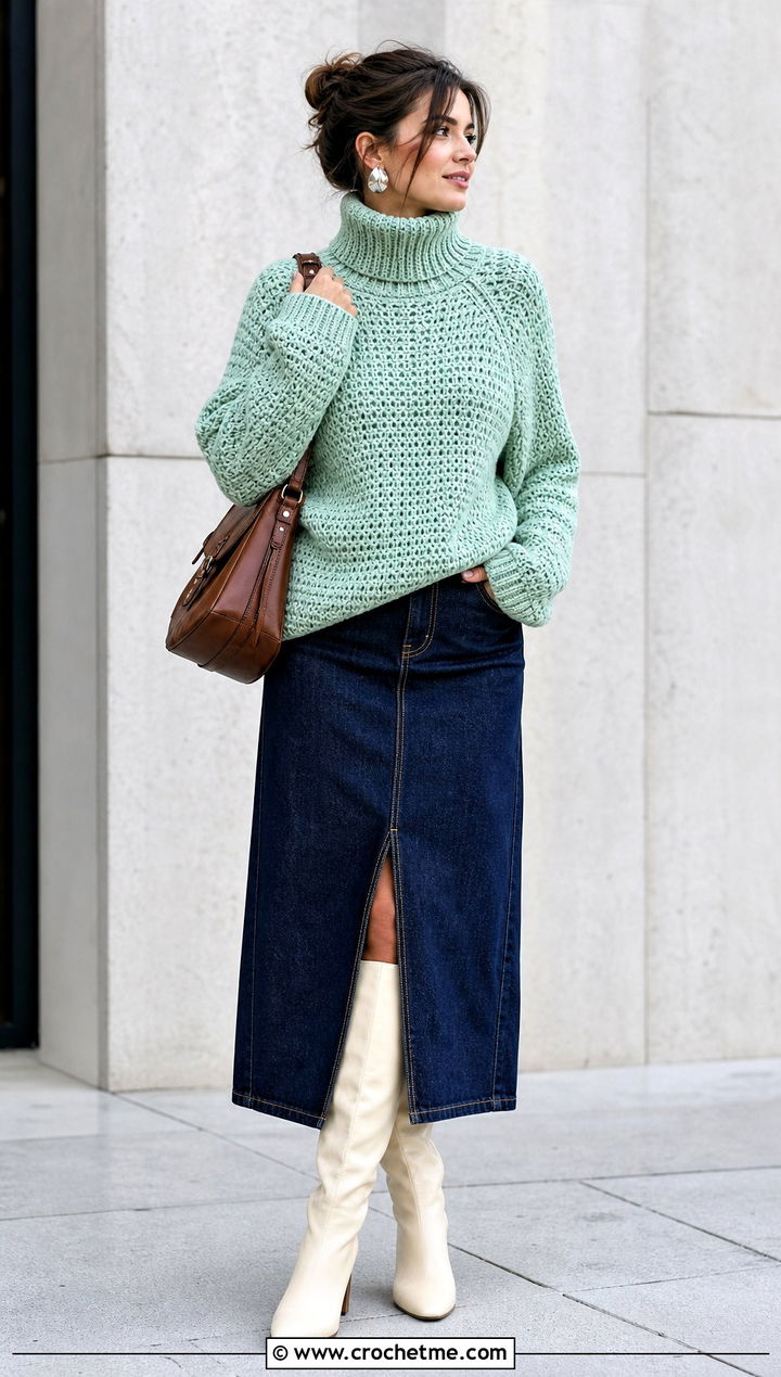 Raglan Oversized Turtleneck Crochet Sweater With Denim Midi Skirt - 15 oversized turtleneck crochet sweater outfit ideas