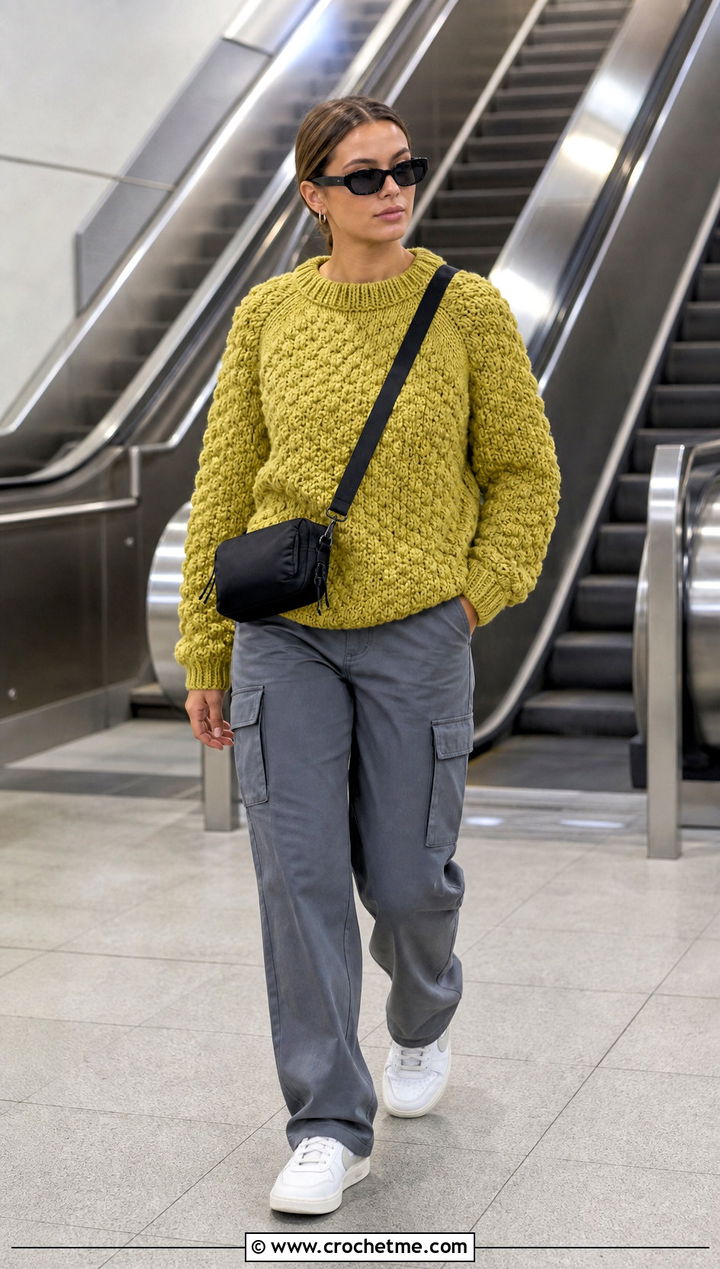 Raglan Puff Stitch Sweater With Cargo Pants - 20 Crochet Puff Stitch Sweater outfit ideas