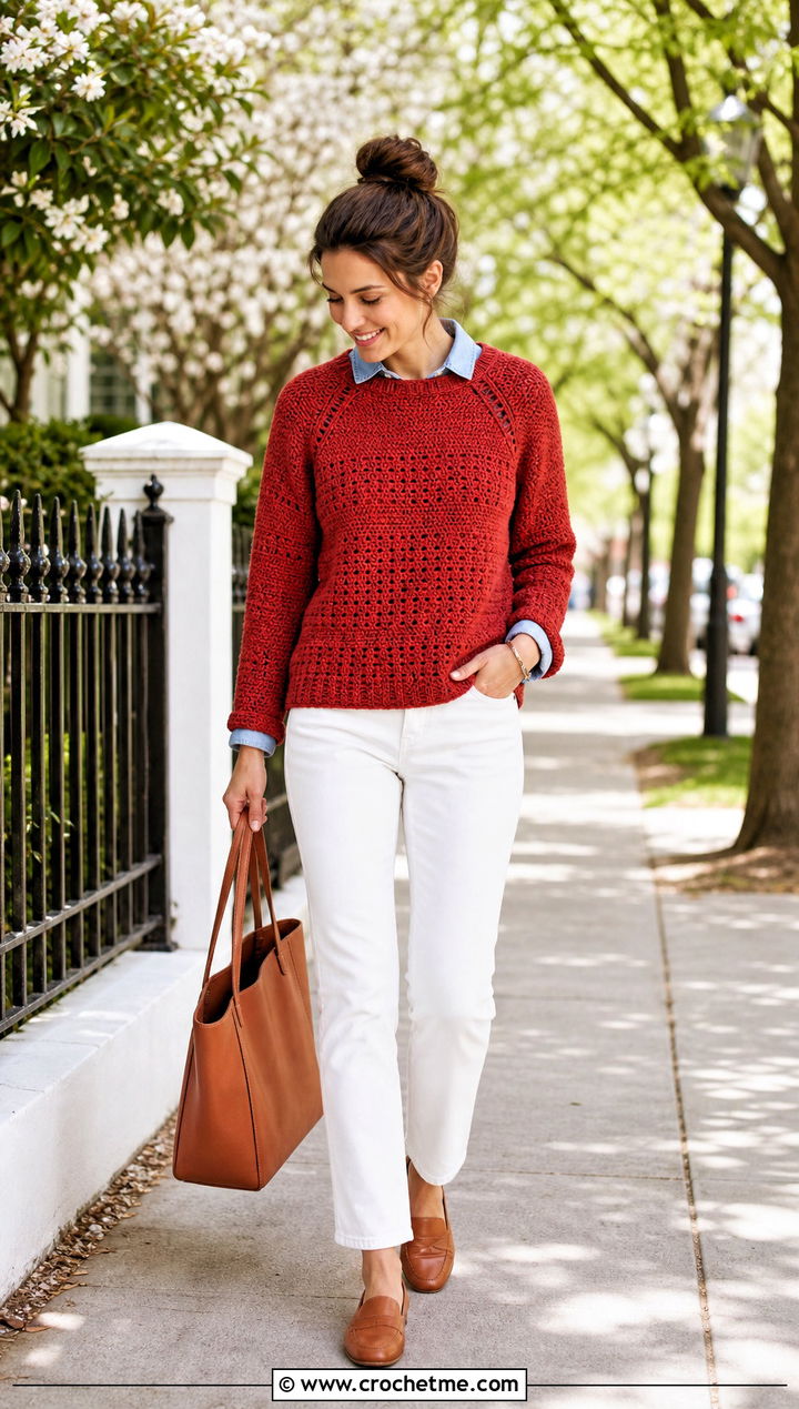 Raglan Rustic Red Crochet Sweater With White Denim - 15 rustic red crochet sweater outfit ideas