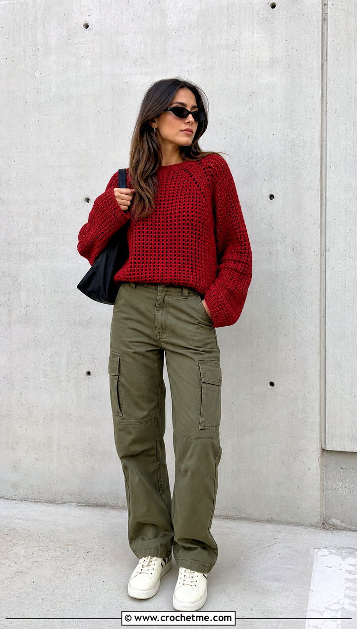 Raglan Seamless Crochet Sweater With Cargo Pants - 25 Seamless Crochet Sweater outfit ideas
