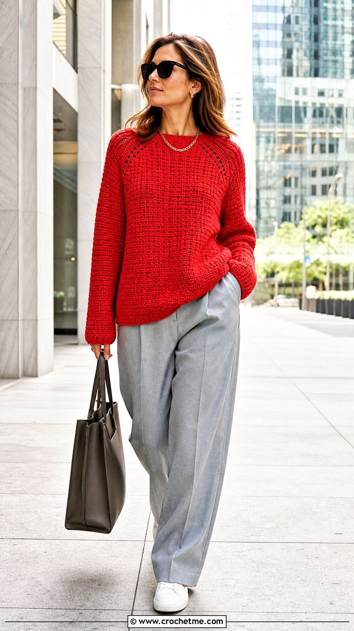 Raglan Sleeve Chunky Crochet Jumper With Relaxed Suit Pants - 35 chunky crochet jumper outfit ideas