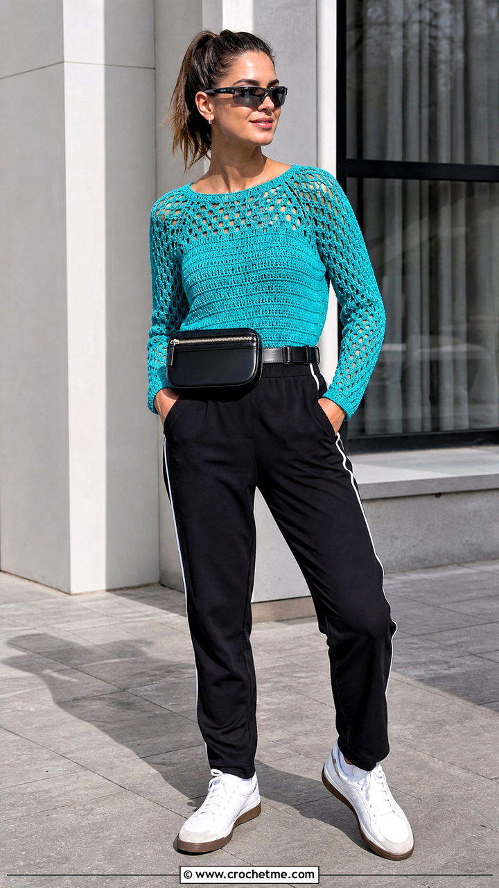 Raglan Sleeve Crochet Blouse With Track Pants - 35 crochet summer blouse outfit ideas
