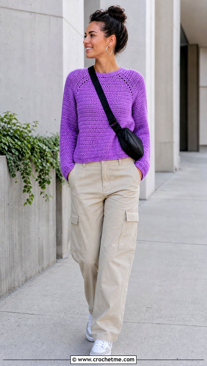 Raglan Sleeve Crochet Crewneck Top With Cargo Pants - 35 crochet tops with sleeves outfit ideas