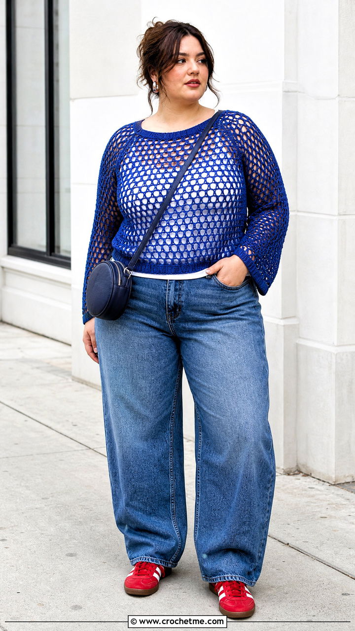 Raglan Sleeve Crochet Fishnet Top With Barrel Jeans - 35 crochet fishnet top outfit ideas