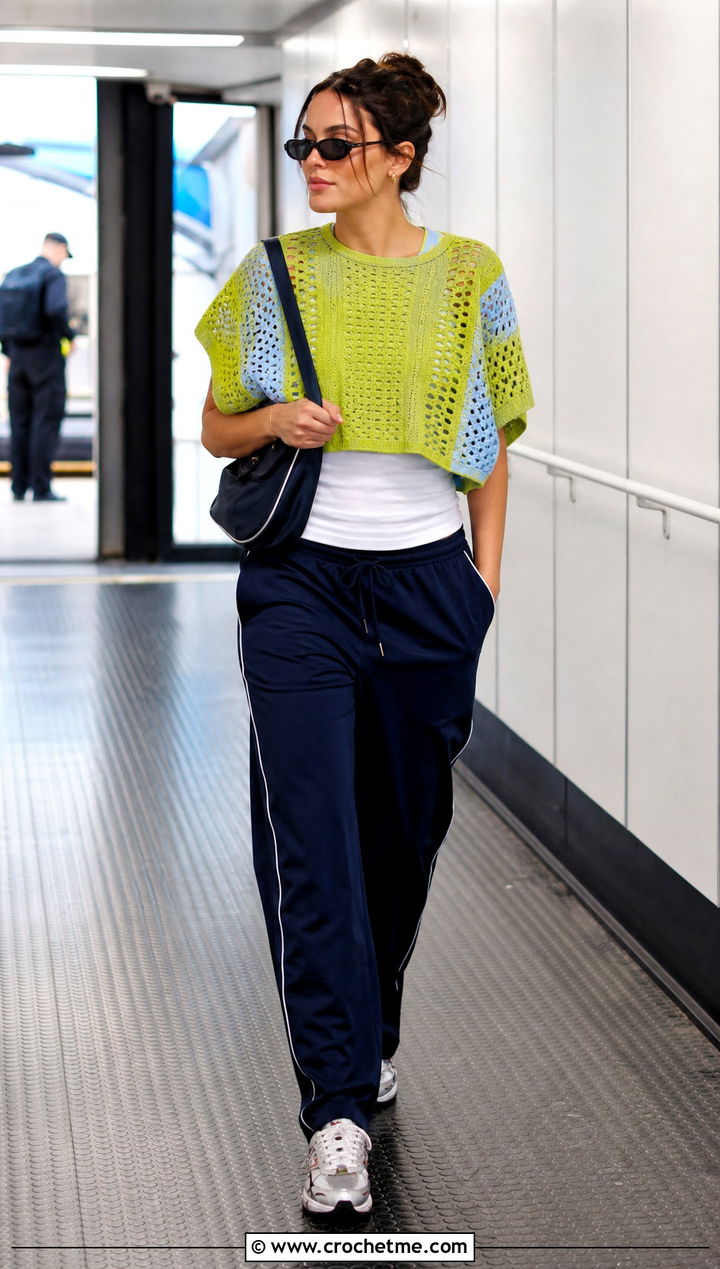 Raglan Sleeve Crochet Game Day Top With Track Pants - 25 Crochet Game Day Top outfit ideas