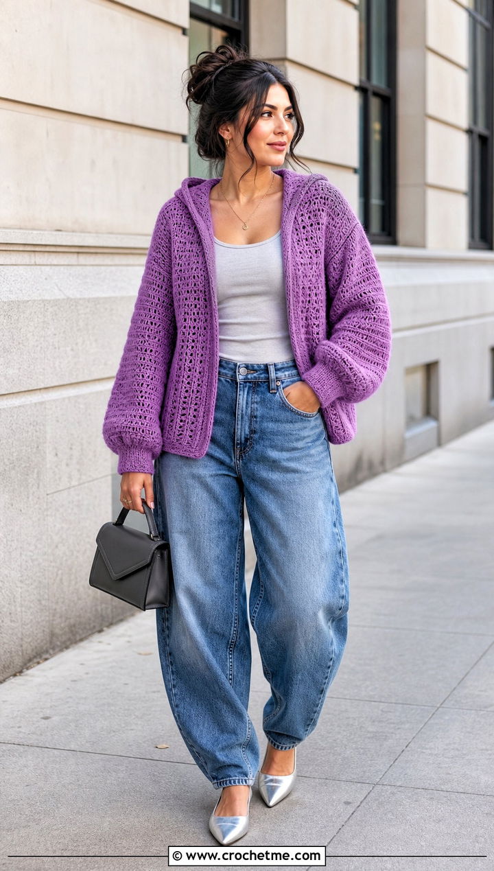 Raglan Sleeve Crochet Hoodie Cardigan With Barrel Jeans - 30 crochet hoodie cardigan outfit ideas