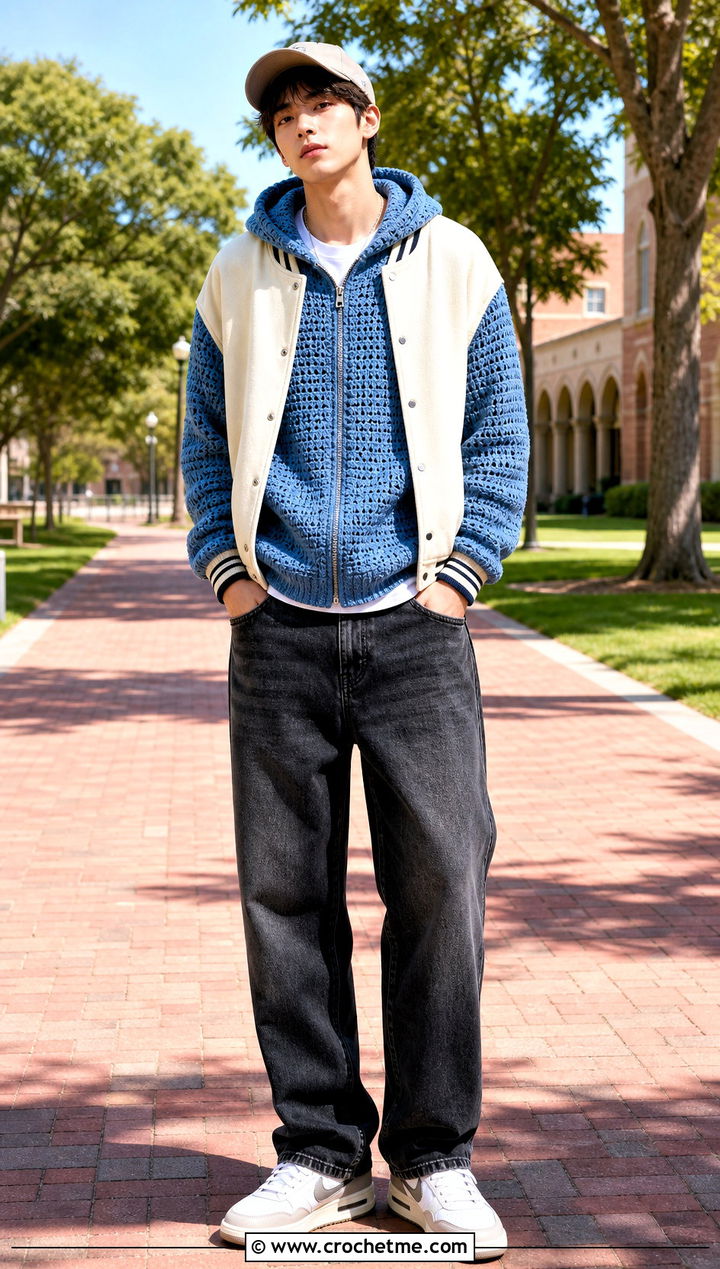 Raglan Sleeve Crochet Hoodie With Varsity Jacket And Jeans - 25 Crochet Hoodie Men outfit ideas